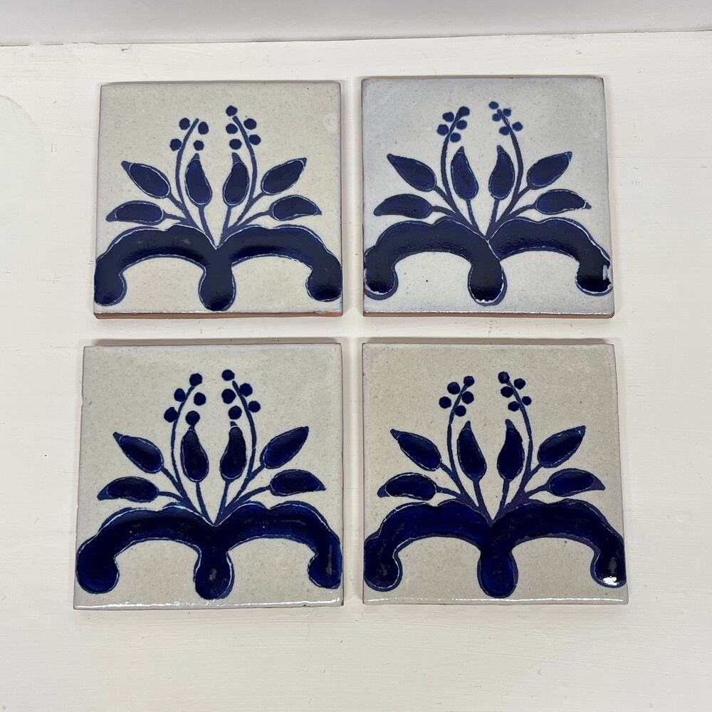 Mexican Talavera Tile Coasters Cobalt Blue Floral Set of 4